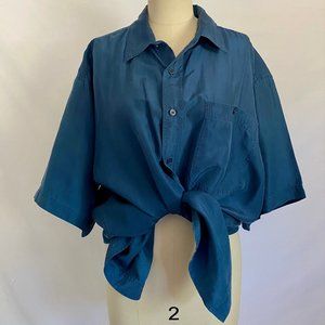 Vtg Basic Editions Teal Silk Button Down Blouse